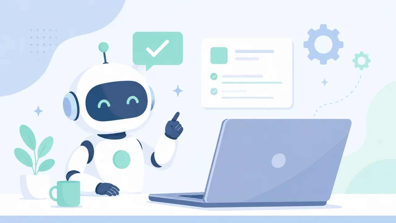 AIロボットとチェックリストで未経験からのAI副業の始め方ステップを示したイラスト