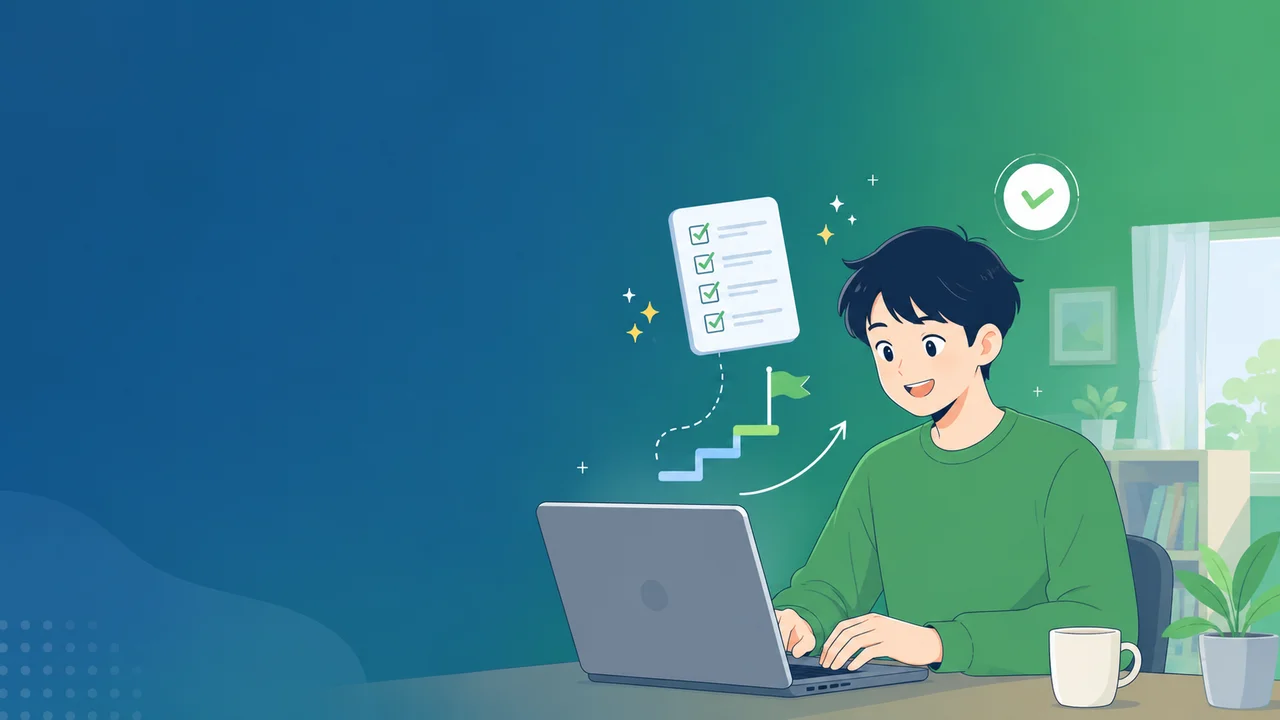 ランサーズ登録後にプロフィールを整えるチェックリストと階段を上る人物のイラスト